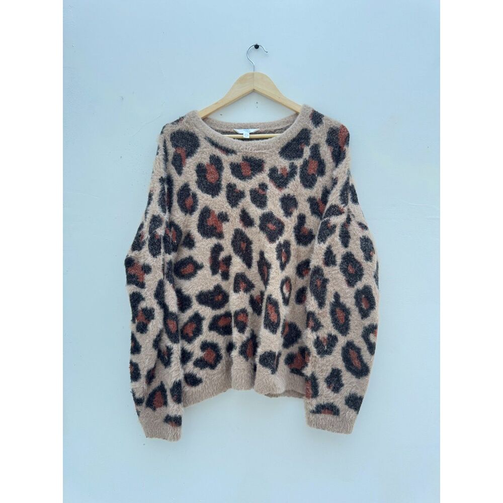 Time and Tru XL Leopard Fuzzy Sweater Tan Black Animal Print Plus Size